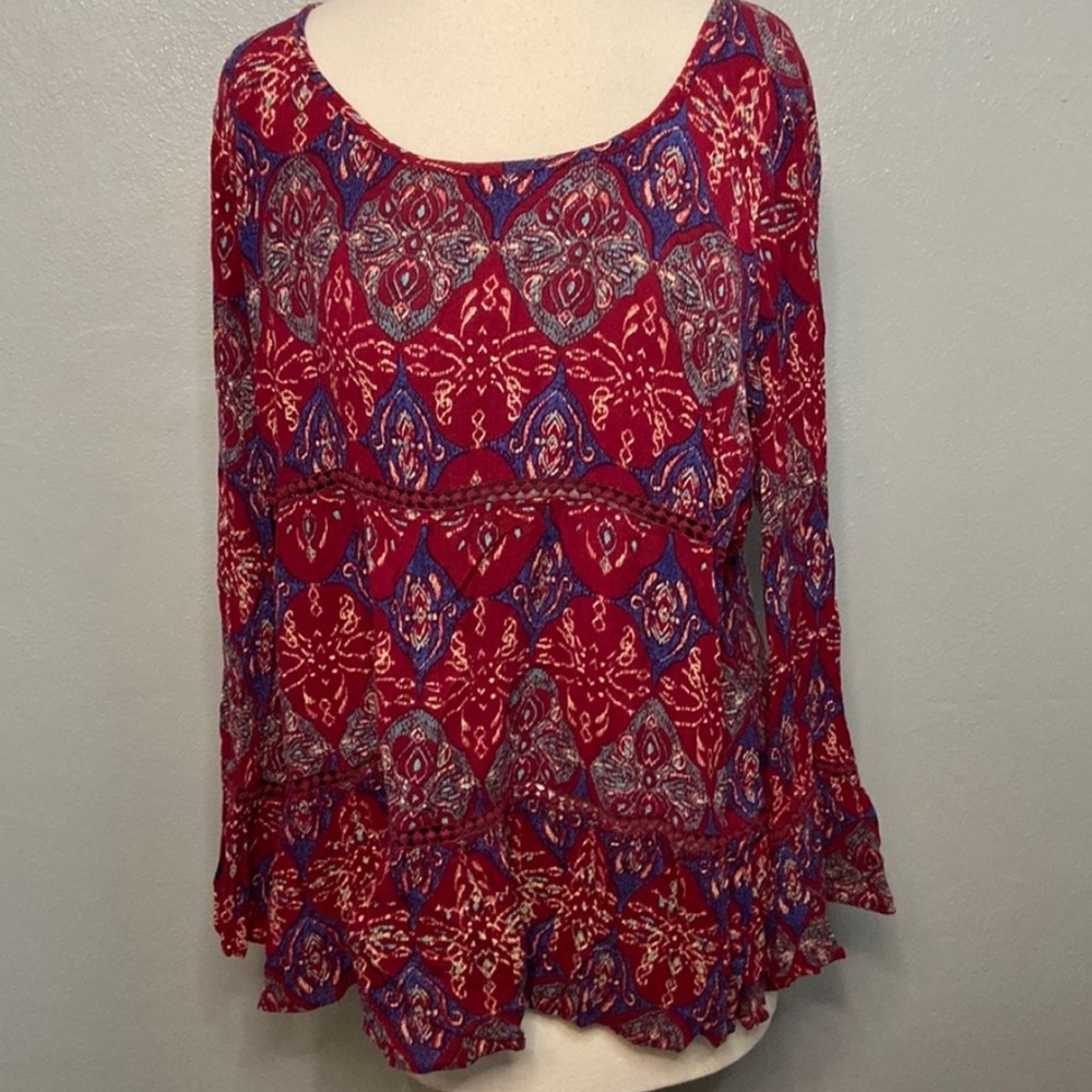 EUC- PATRONS of PEACE XL TUNIC/TOP in BURGUNDY RED FLORAL PRINT w BELL SLEEVES